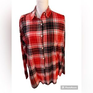 Large Old Navy red, white and blue plaid boyfriend shirt.